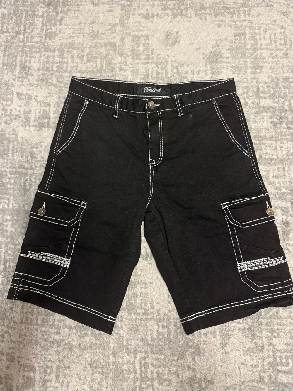 Black Cargo Shorts with Contrast Stitching -